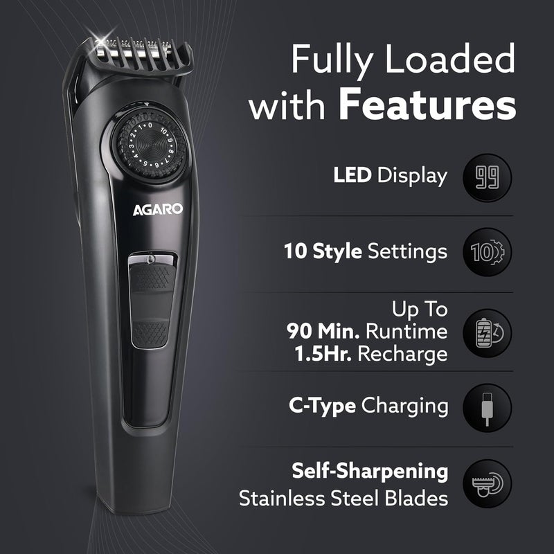 AGARO Beard Trimmer MT1122, 10 Length Settings with digital display USB rechargeable multifunctional for home and travel - Image 2