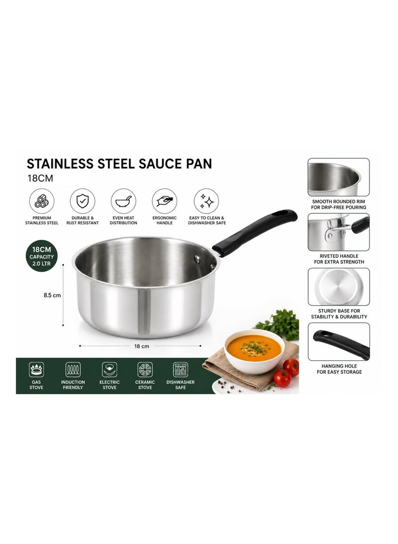 Bisbell 18 cm Stainless Steel Saucepan, 2L Capacity with Ergonomic Riveted Handle, Induction-Compatible Cooking Pot for Sauces, Soups, Milk & Everyday Use - Image 2