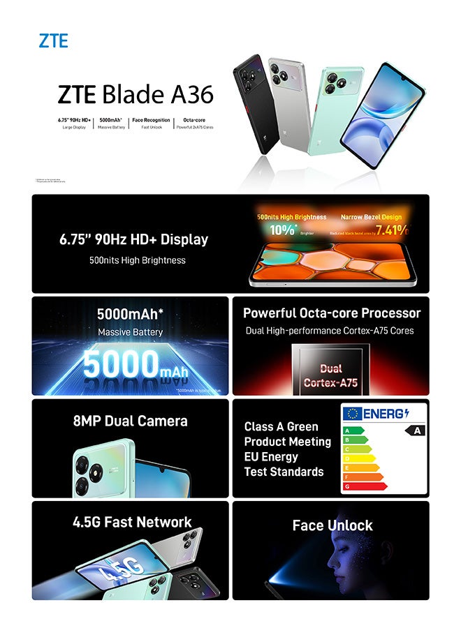 زد تي اي بليد A36 ثنائي الشريحة نبيولا أسود 4GB+8GB RAM 128GB 4G - نسخة الشرق الأوسط - Image 4