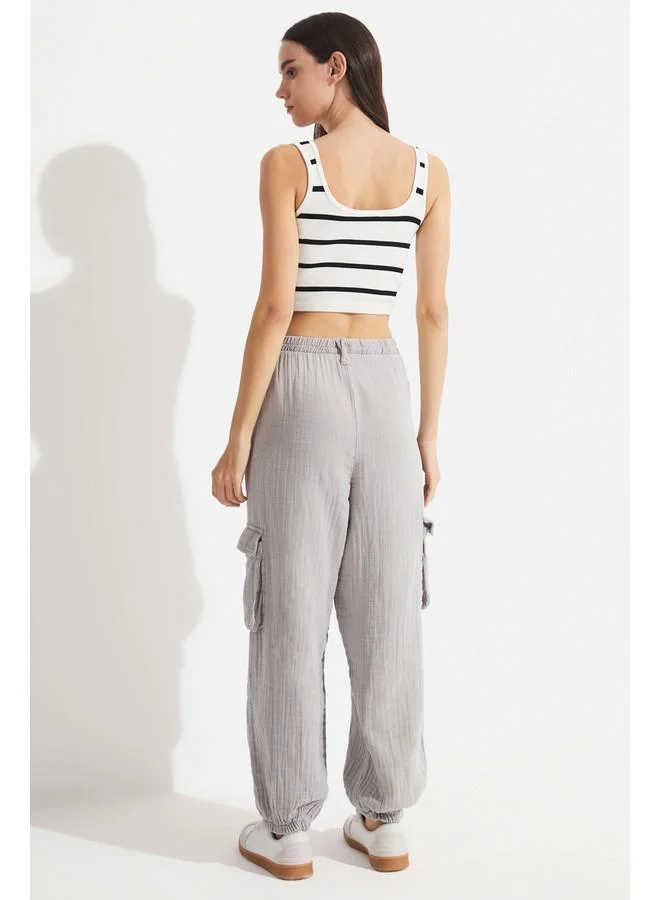جون June 100% Cotton Elastic Waist Cargo Pocket Detailed Trouser Grey