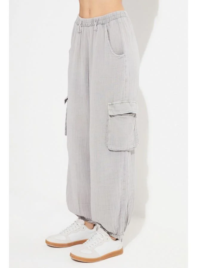 جون June 100% Cotton Elastic Waist Cargo Pocket Detailed Trouser Grey