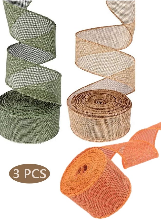 HY 3 Rolls Craft Ribbon Wrapping Burlap Ribbon Natural Orange Olive Green Jute Crafts Ribbon For Wedding Gifts Fabric DIY Packing Vintage Wedding Party Decoration Colorful Satin Ribbon 3M*6CM  - Image 1