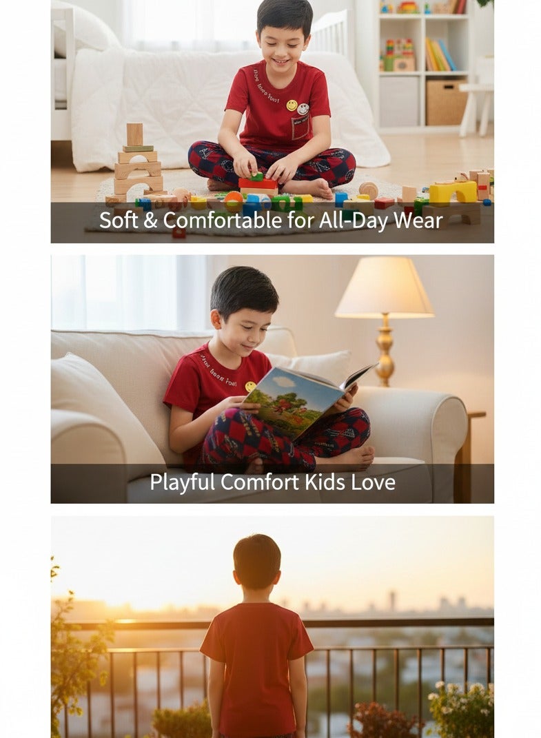 جوانا طقم بيجاما للأولاد بطبعة "جاست هاف فن"، قميص بأكمام قصيرة وبنطال طويل، باللون الأحمر - Image 2