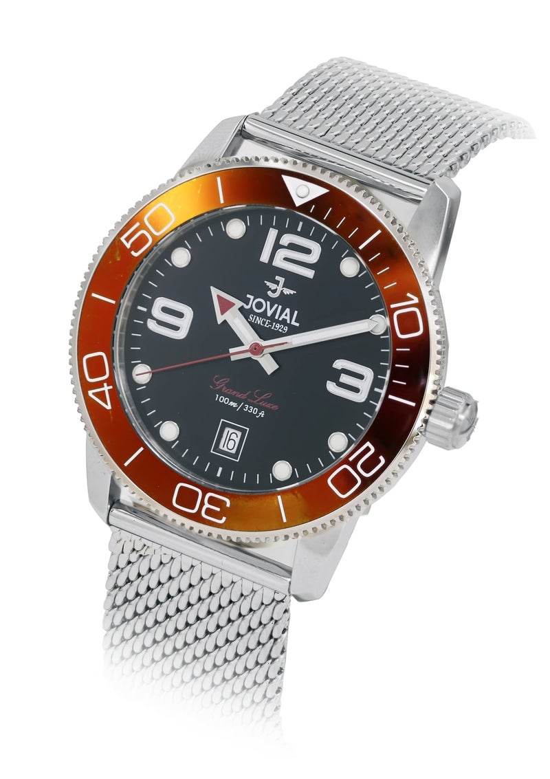 JOVIAL 1535GSMQ03E Men's Stainless Steel Woven Mesh Band Watch, Ceramic Bezel, Black Dial, Sporty Elegant Design, 41MM - Image 2