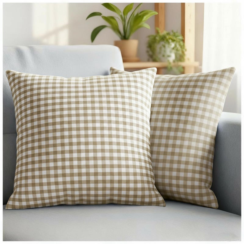 DANGANEN Brown Gingham Pillow Covers - 18x18 Fall Decor Outdoor Pillow Cover Soft Farmhouse White Brown Plaid Pillow Covers Set of 2 Gingham Pillow Cases - Autumn Outdoor Pillows for Porch & Couch - Image 1