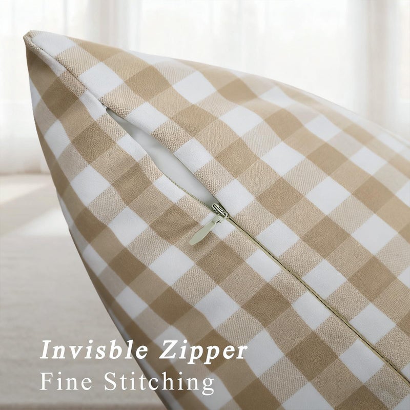DANGANEN Brown Gingham Pillow Covers - 18x18 Fall Decor Outdoor Pillow Cover Soft Farmhouse White Brown Plaid Pillow Covers Set of 2 Gingham Pillow Cases - Autumn Outdoor Pillows for Porch & Couch - Image 4