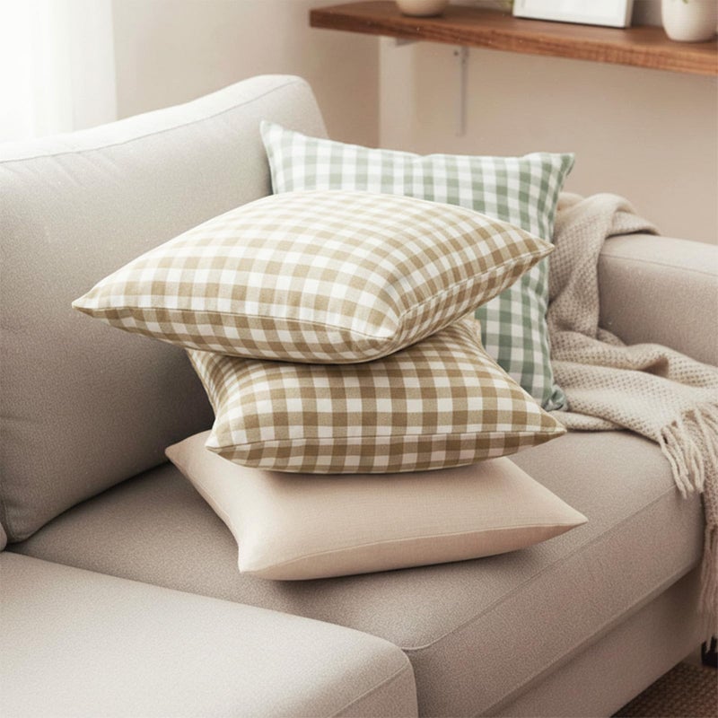 DANGANEN Brown Gingham Pillow Covers - 18x18 Fall Decor Outdoor Pillow Cover Soft Farmhouse White Brown Plaid Pillow Covers Set of 2 Gingham Pillow Cases - Autumn Outdoor Pillows for Porch & Couch - Image 3