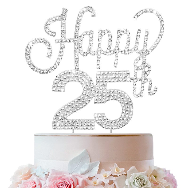 LINGTEER Happy 25th Birthday Silver Rhinestone Cake Topper Cheers to 25th Birthday 25 Years Old Anniversary Party Cake Centerpieces Topper Decorations Gift Sign - Image 3