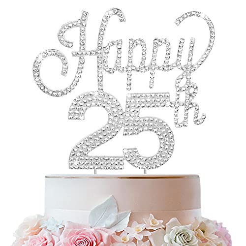 LINGTEER Happy 25th Birthday Silver Rhinestone Cake Topper Cheers to 25th Birthday 25 Years Old Anniversary Party Cake Centerpieces Topper Decorations Gift Sign - Image 1