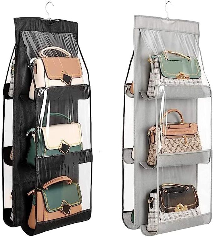 6 POCKET CLEAR PURSE HANDBAGS ORGANIZER DOOR CLOSET SHELF HANGING STORAGE BAG GREY BLACK COMBO