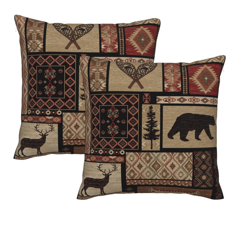 DATANSEN Set of 2 Square 18x18 inch Retro Black Throw Pillow Covers Rustic Lodge Decorative Throw Pillowcase for Home Sofa Thick Cotton Linen Cushion Cases (45x45 cm) Bear Deer - Image 1