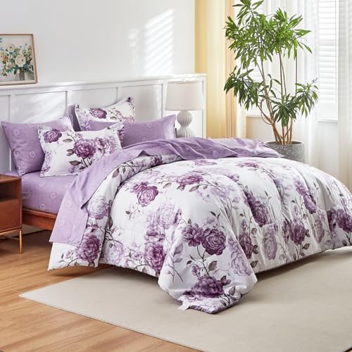 AIKASY 7-Piece Queen Size Bed in a Bag Comforter Set - Thistle Purple Floral Ensemble with Reversible Botanical Flowers Comforter, Sheets, Pillowcases & Shams - Image 3