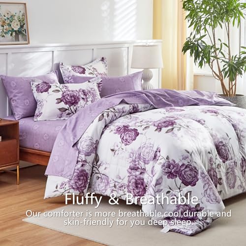 AIKASY 7-Piece Queen Size Bed in a Bag Comforter Set - Thistle Purple Floral Ensemble with Reversible Botanical Flowers Comforter, Sheets, Pillowcases & Shams - Image 4