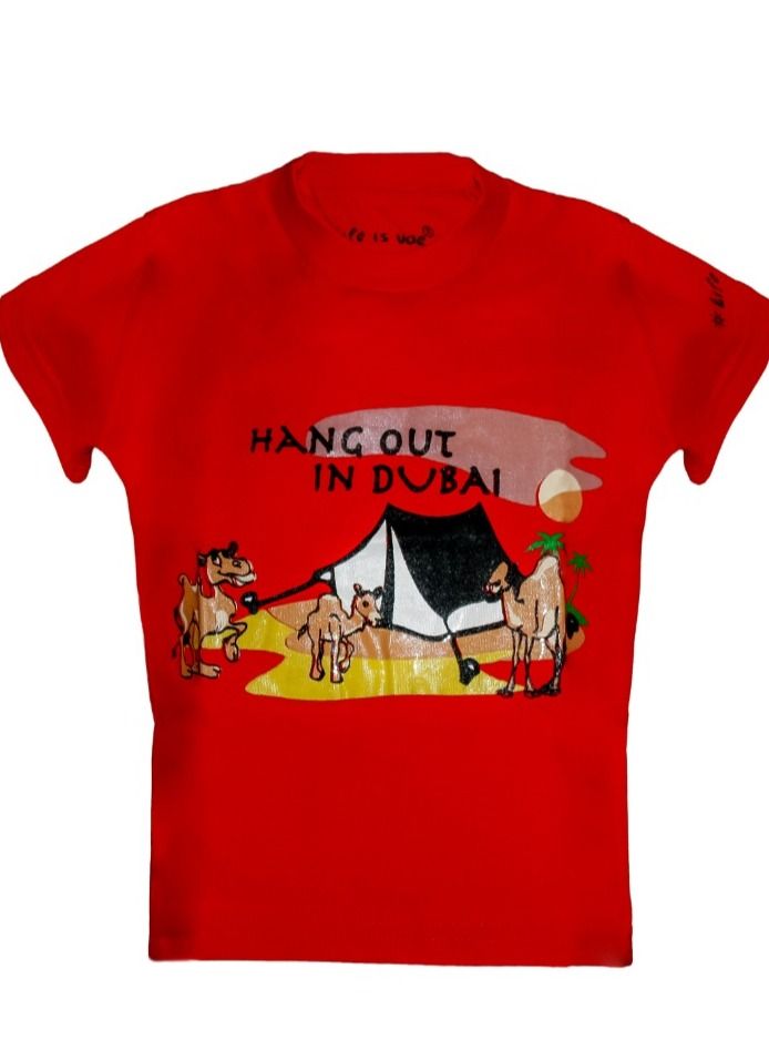 Kids Shirt Hang out in Dubai   Tent design  red color  souvenir  t-shirt  - Image 1