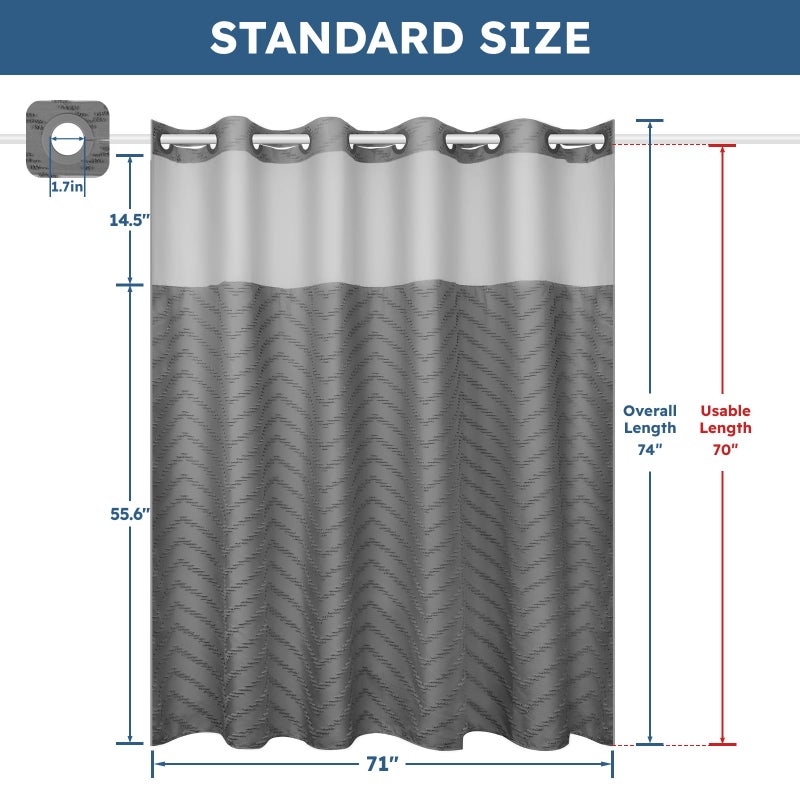 FADOTY No Hook Shower Curtain and Snap in Liner Set Grey Tufted Chevron Striped Cloth Waterproof Washable Fabric Boho Gray Bath Curtain with See Through Mesh Top Window for Bathroom Hotel 71" x 74" - Image 5