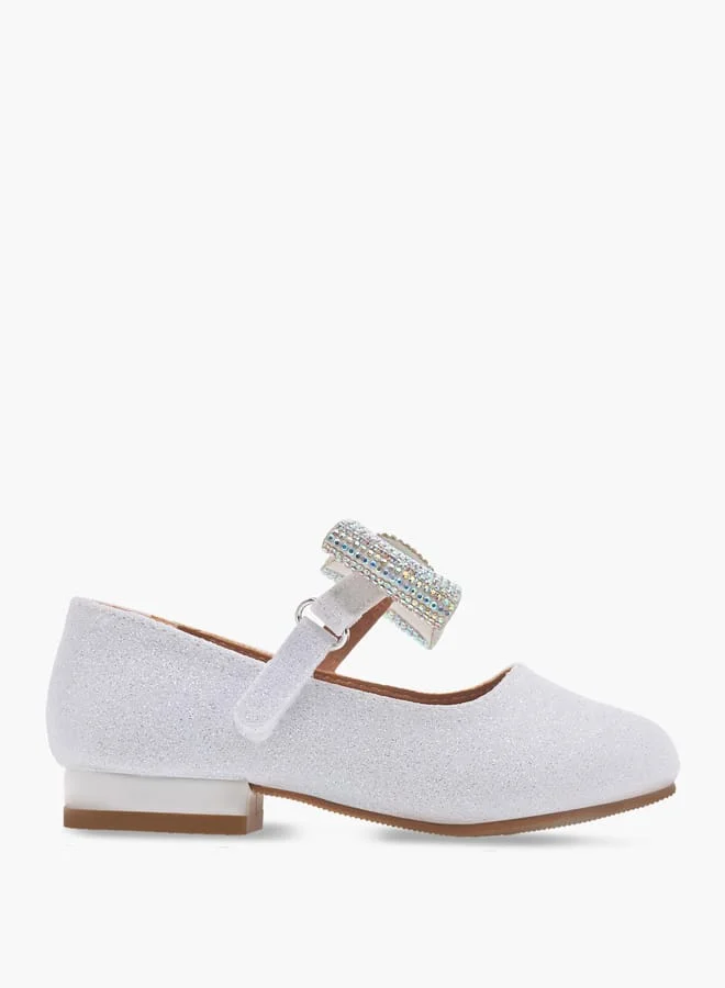 Girls Floral Bella Bow Embellished Ballerina Shoes with Hook and Loop Closure