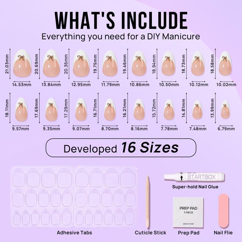 BTArtbox Press on Nails Short -White Designed French Tip Press On Nails Almond with Bow, Glue On Nails for Gifts, Natural Stick On Nails in 16 Sizes - 32 Fake Nails Kit, Dinner Star - Image 5