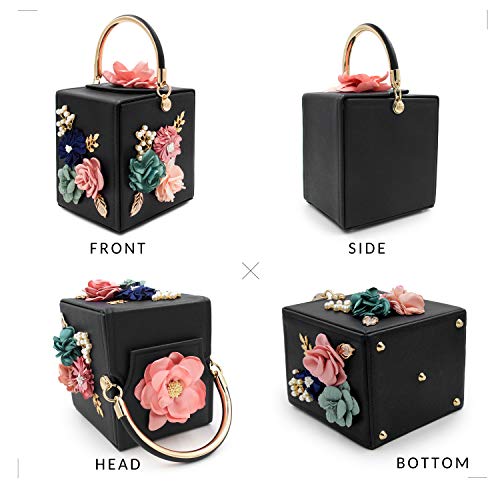 Milisente Evening Clutch Bag for Women Floral Square Box Evening Bags Crossbody Shoulder handBags Flower Wedding Clutch Purse (Black) - Image 5