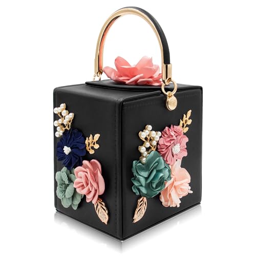 Milisente Evening Clutch Bag for Women Floral Square Box Evening Bags Crossbody Shoulder handBags Flower Wedding Clutch Purse (Black) - Image 1