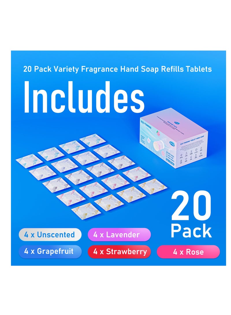 Foaming Hand Soap Refills Tablets, 20 Pack Sustainable Soap Tablets for Hand Wash, Makes 20 x 8.7 fl oz, Eco-Friendly Hand Wash Pods, Variety Fragrance Foam Soap for Foaming Hand Soap Dispenser