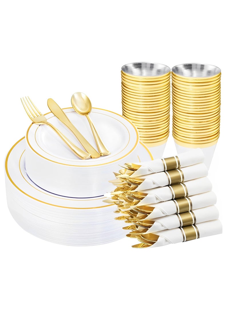 أسيف 175 مجموعة من أطقم المائدة البلاستيكية ذات الوميض الذهبي تناسب 25 ضيفا، مع طبق طبق مرة واحدة - Image 1