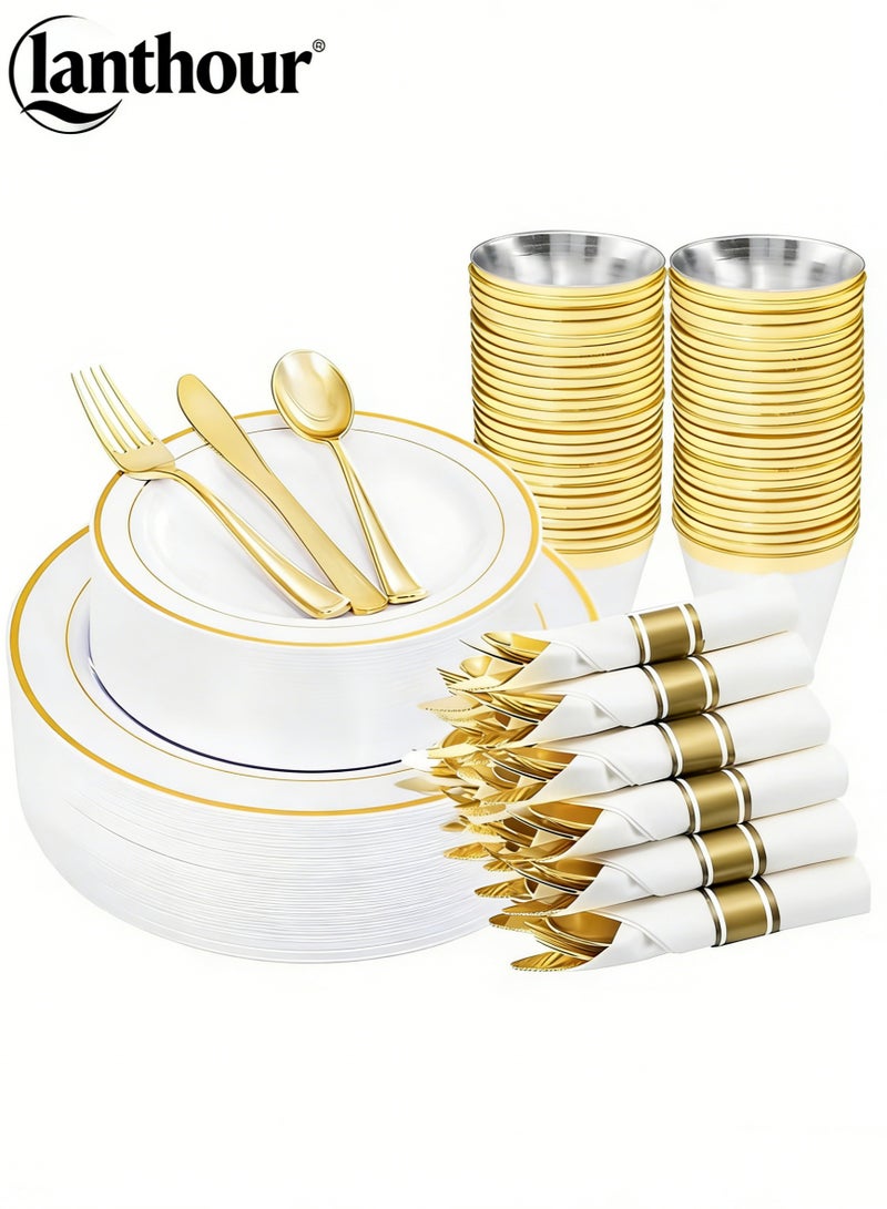 لانثور 175 مجموعة من أطقم المائدة البلاستيكية ذات الوميض الذهبي تناسب 25 ضيفا، مع طبق طبق مرة واحدة - Image 1