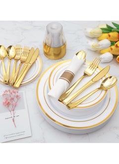 ASIV 175 Piece Gold Glitter Plastic Dinnerware Set for 25 Guests, Fancy Disposable Plates for Party  - Image 5