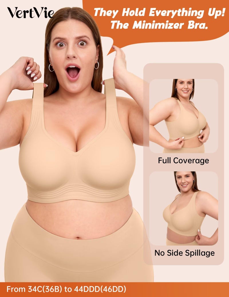 Vertvie Jelly Bras for Women Plus Size Minimizer Soft Wireless Push Up Bra Full Supportive Older Lift Back Coverage Bralette(Skin,34DD) - Image 3