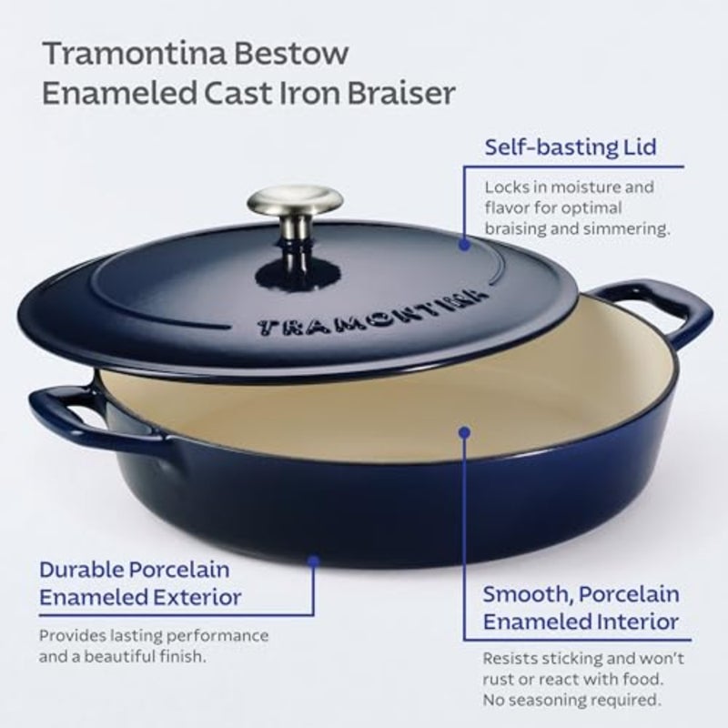 Enameled Cast Iron Braiser 4 Quart Capacity Non-stick Braiser Pot With Lid Blue. - Image 4