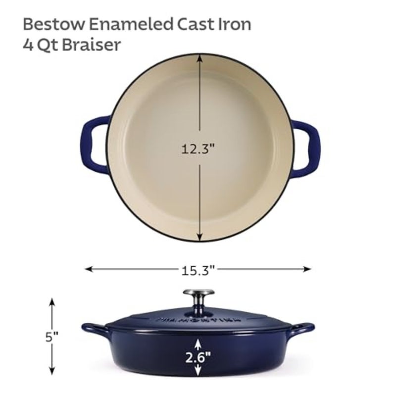 Enameled Cast Iron Braiser 4 Quart Capacity Non-stick Braiser Pot With Lid Blue. - Image 3