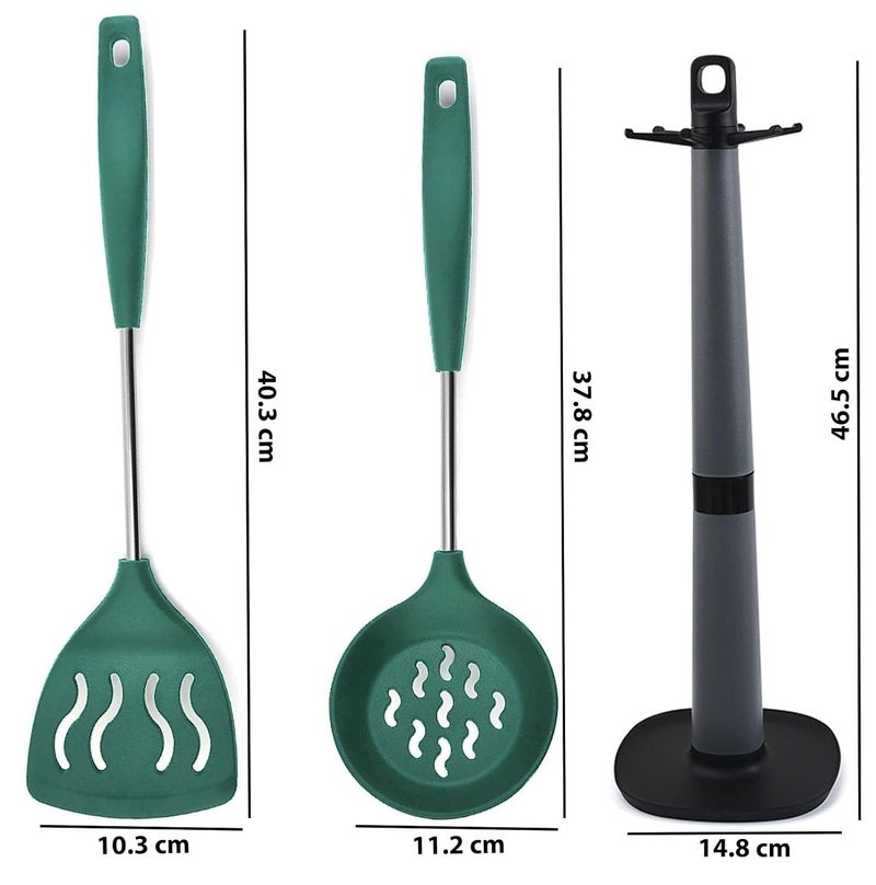 FS COOL Poori Strainer Cooking Skimmer Slotted Spoons Deep Fry Strainer Silicone Slotted Turner Non Stick Slotted Kitchen Spatulas Spatula Stand Karandi Stand Set of 3 Green - Image 2