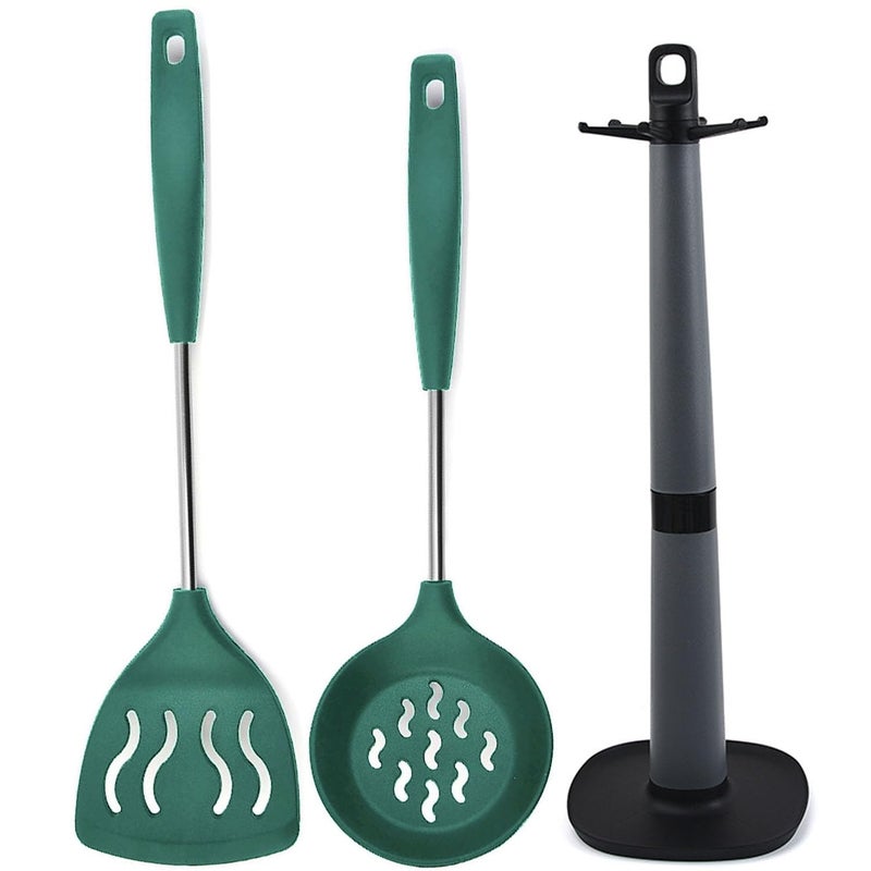 FS COOL Poori Strainer Cooking Skimmer Slotted Spoons Deep Fry Strainer Silicone Slotted Turner Non Stick Slotted Kitchen Spatulas Spatula Stand Karandi Stand Set of 3 Green - Image 1