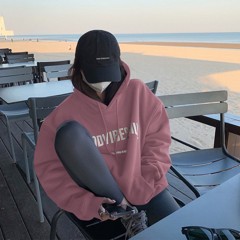 fleece-lined Hooded Sweatshirt Womens Autumn and Winter New Loose Letter Printing Korean Style Fashion Students Coat Long Sleeve Top Trendy 21 wine red - Image 4