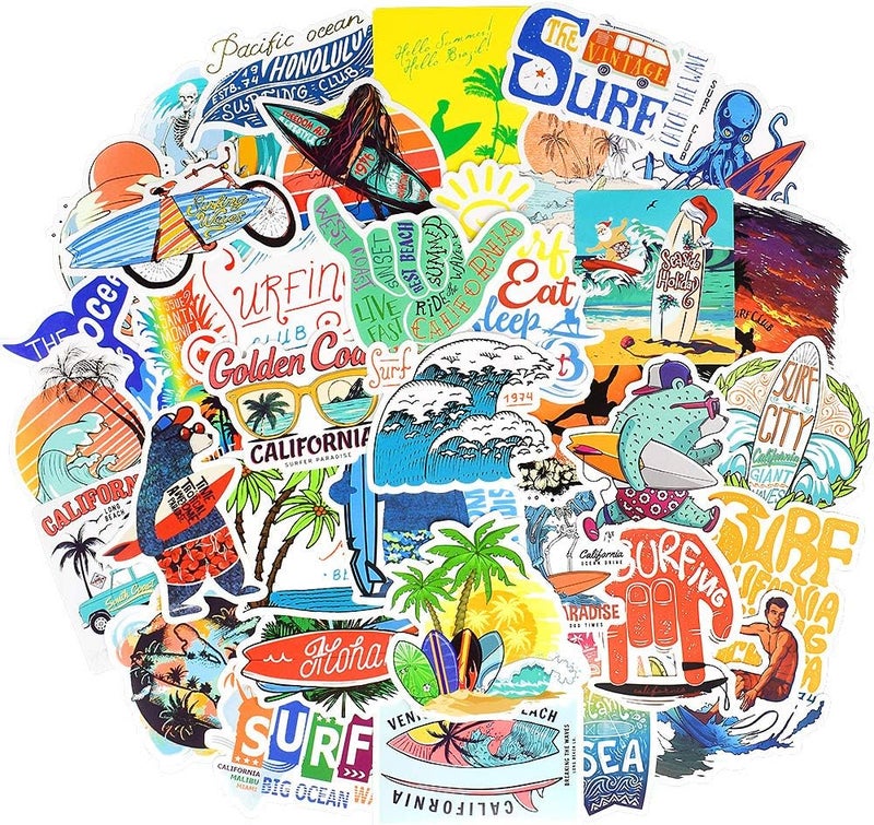 QTL Surf Stickers for Teens Girls Boys Surfing Laptop Stickers for Water Bottles Surfboard Waterproof Vinyl Stickers Surfer Stickers Pack 50Pcs'' - Image 1