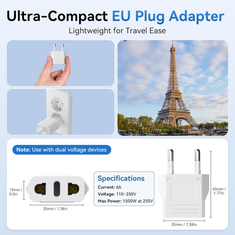Unidapt European Plug Adapter, US to Europe Adapters, 8 Pack European Type C Adaptors, 110V to 220V Wall Outlet, Travel Power Plugs for EU/Asia Socket, Europe Pin Converter (White) - Image 3