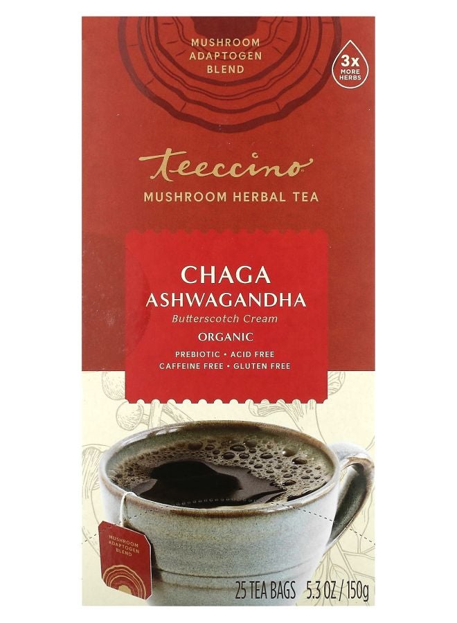 teeccino Organic Mushroom Herbal Tea Chaga Ashwagandha Butterscotch Cream Caffeine Free 25 Tea Bags 5.3 oz (150 g)
