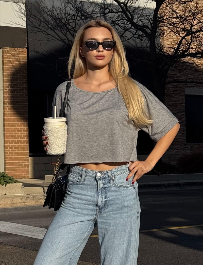 Kistore Short Sleeve Tops for Women Going Out Off Shoulder Crop Top Asymmetrical Neck Shirts Summer Cute Shirt Grey XL - Image 5