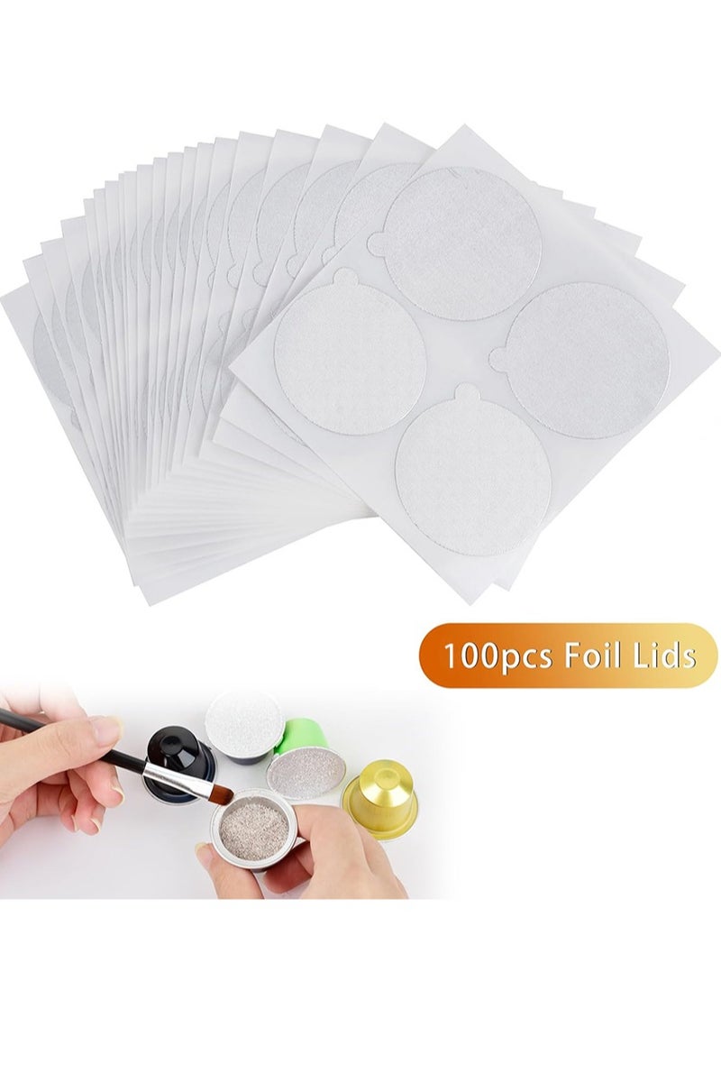 ايكانبو 100 قطعة من أغطية رقائق الألومنيوم للكبسولات القابلة لإعادة الاستخدام، ملصقات رقائق ذاتية اللصق لأختام كبسولات القهوة المصنوعة من الفولاذ المقاوم للصدأ القابلة لإعادة التعبئة والمتوافقة مع آلات Nespresso الأصلية (100 قطعة من الأغطية) - Image 1