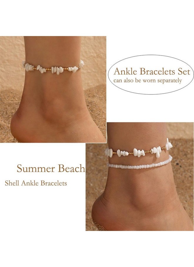 FUTIMELY - Layered Gold Shell Anklet Bracelets Set For Women,Boho Dainty Handmade Seashell Gravel Bead Adjustable Gold Plated Anklet Set Waterproof Beach Jewelry (Yellow) - Image 1