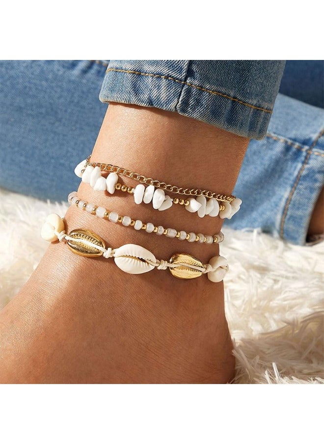FUTIMELY - Layered Gold Shell Anklet Bracelets Set For Women,Boho Dainty Handmade Seashell Gravel Bead Adjustable Gold Plated Anklet Set Waterproof Beach Jewelry (Yellow) - Image 1