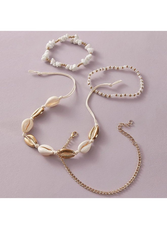 FUTIMELY - Layered Gold Shell Anklet Bracelets Set For Women,Boho Dainty Handmade Seashell Gravel Bead Adjustable Gold Plated Anklet Set Waterproof Beach Jewelry (Yellow) - Image 1