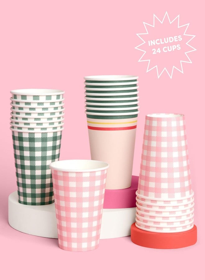 xo, Fetti Gingham Camp Paper Cups - 12 oz, 24 pcs | Green Picnic Drinkware, Pink Dinner Party Setting, Bachelorette Decoration, Cute Birthday Tablescape - Image 2