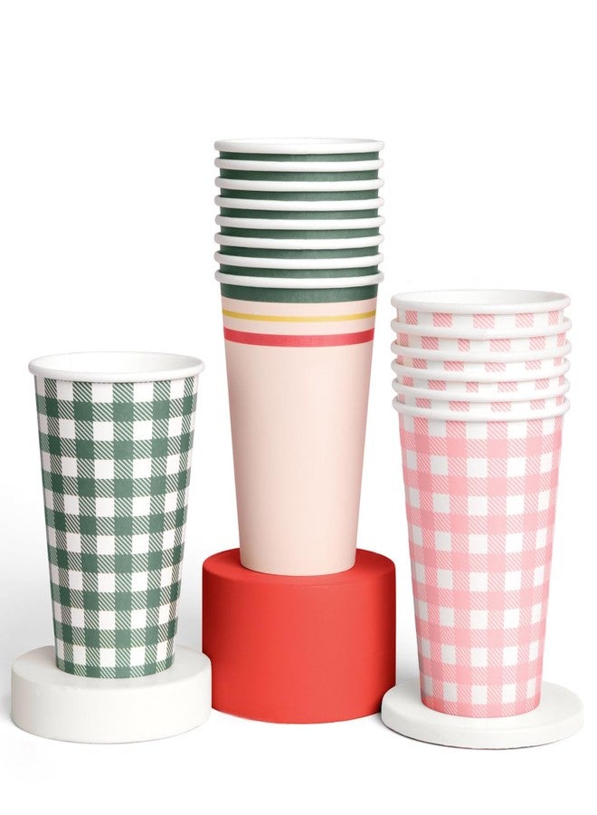 xo, Fetti Gingham Camp Paper Cups - 12 oz, 24 pcs | Green Picnic Drinkware, Pink Dinner Party Setting, Bachelorette Decoration, Cute Birthday Tablescape - Image 1