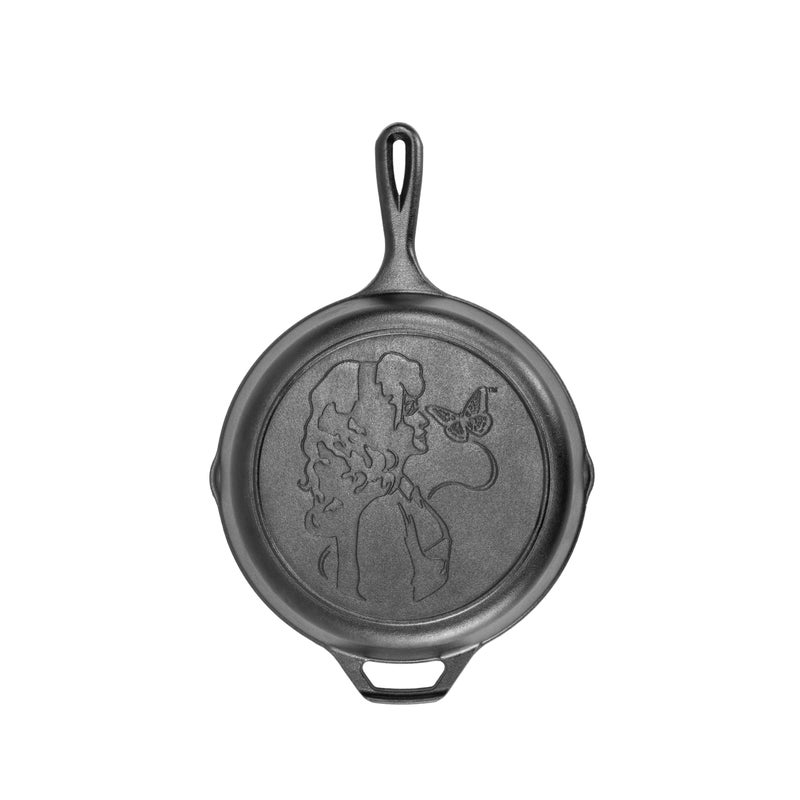 Lodge 10.25 Inch Dolly Parton Pre-Seasoned Cast Iron Stamped Skillet - Signature Teardrop Handle - Use in the Oven, on the Stove, on the Grill, or Over a Campfire, Black - Image 1