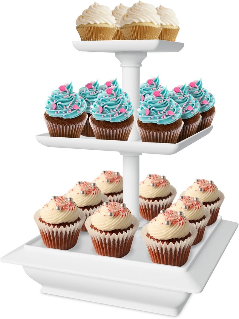 Chef Buddy 3-Tier Cupcake Stand - Square Display Stand for Birthday, Tea Party, Wedding, or Baby Showers - Dessert Table Display Set (White) - Image 1