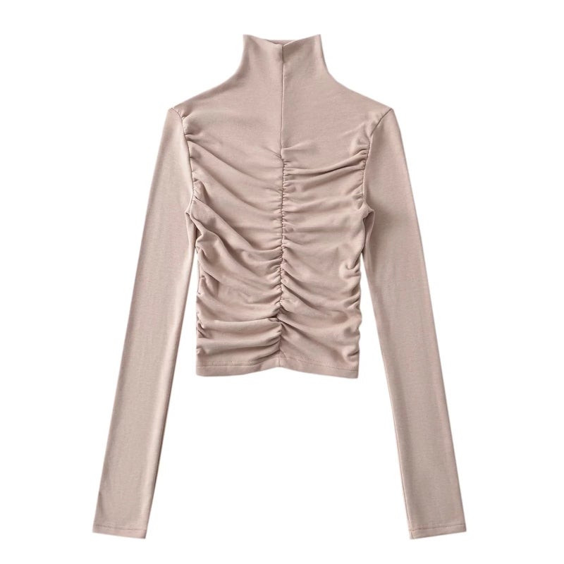 2023 Design Pleated Tight Bottoming Shirt Women'S Elastic Tight Figure Fleece-Lined Turtleneck Long Sleeve T-Shirt - Image 1