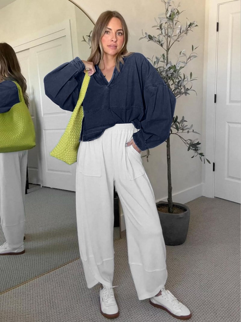 PLNOTME Womens Denim Tops Pullover Trendy Casual V Neck Loose Fit Puff Sleeve Jean Cotton Shirts - Image 4