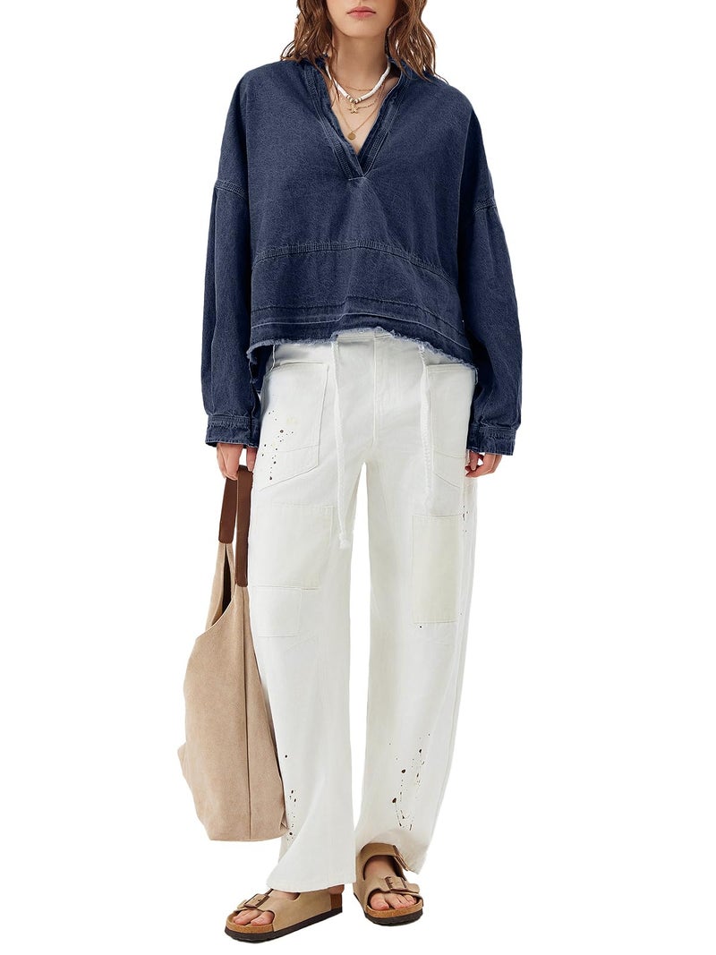 PLNOTME Womens Denim Tops Pullover Trendy Casual V Neck Loose Fit Puff Sleeve Jean Cotton Shirts - Image 5
