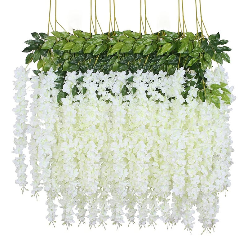 SHEANDFLORA SHEANDFLORA 12 Pack Wisteria Flower Artificial Hanging Vines Fake Silk Wisteria Garland for Wedding Garden Wall Decoration Cream White
