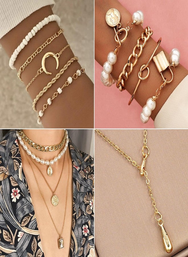 IFNODO 116Pieces Gold Plated Jewelry Set with 8 PCS Necklace, 22 PCS Bracelet, 66 PCS Stud Dangle Earring, 20 Pcs Knuckle Rings for Women Valentine Anniversary Friendship Gifts, adjustable, Alloy - Image 5
